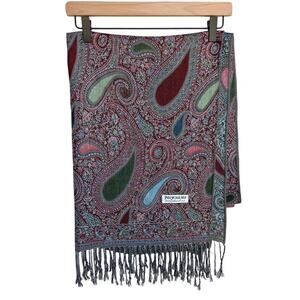 Pashmina Silk Blend Reversible Wrap Scarf Paisley w Fringe Has 2 Snags Pls Read